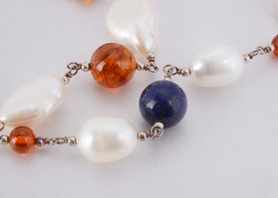 Lot 132 - A contemporary freshwater pearl, amber and lapis lazuli necklace