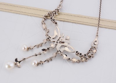 Lot 135 - An Edwardian style silver, marcasite and pearl fringe necklace