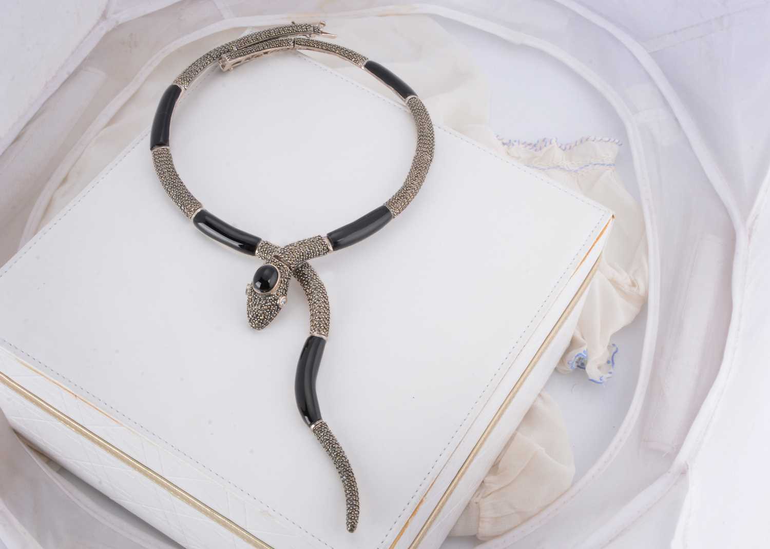 Lot 136 - A contemporary silver, marcasite and onyx serpent necklace