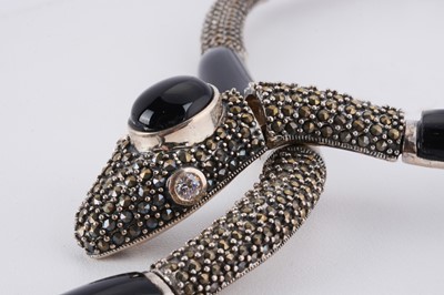 Lot 136 - A contemporary silver, marcasite and onyx serpent necklace