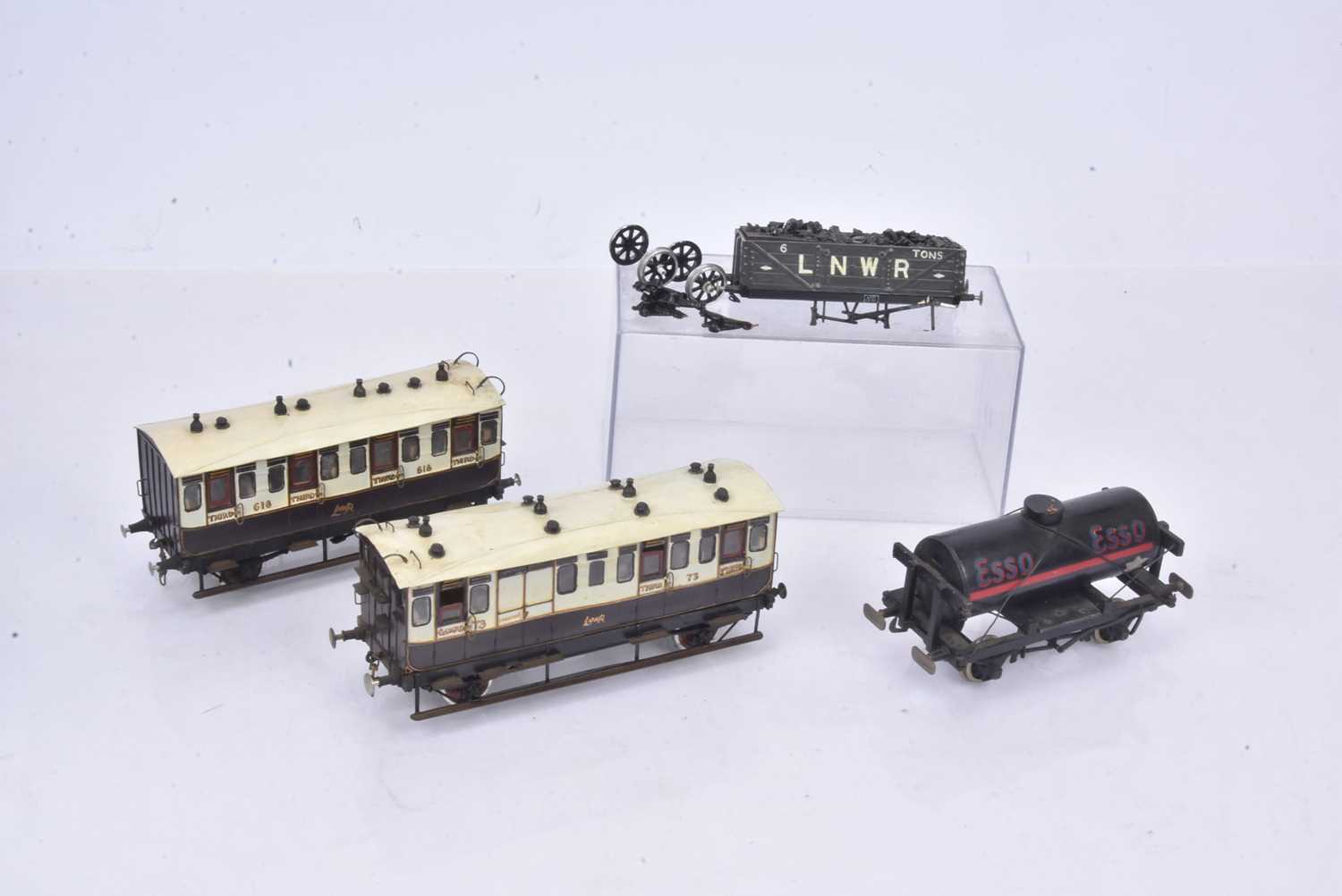 Lot 275 - LNWR 0 Gauge kit/scratchbuilt chocolate and off white Coaches and Goods Rolling Stock