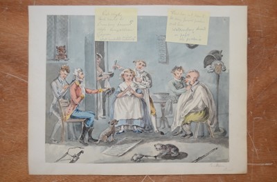 Lot 349 - A file with various prints and watercolours including circle of Henry William Bunbury (1750-1811) image of a barber's