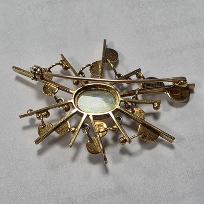 Lot 86 - An 18ct gold opal and diamond modernist spray brooch or pendant