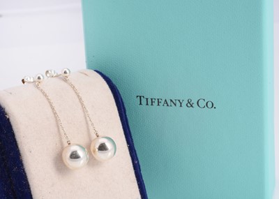 Lot 65 - A pair of silver Tiffany & Co stud, chain & ball drop earrings, in turquoise box marked Tiffany & Co