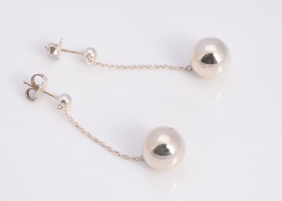 Lot 65 - A pair of silver Tiffany & Co stud, chain & ball drop earrings, in turquoise box marked Tiffany & Co