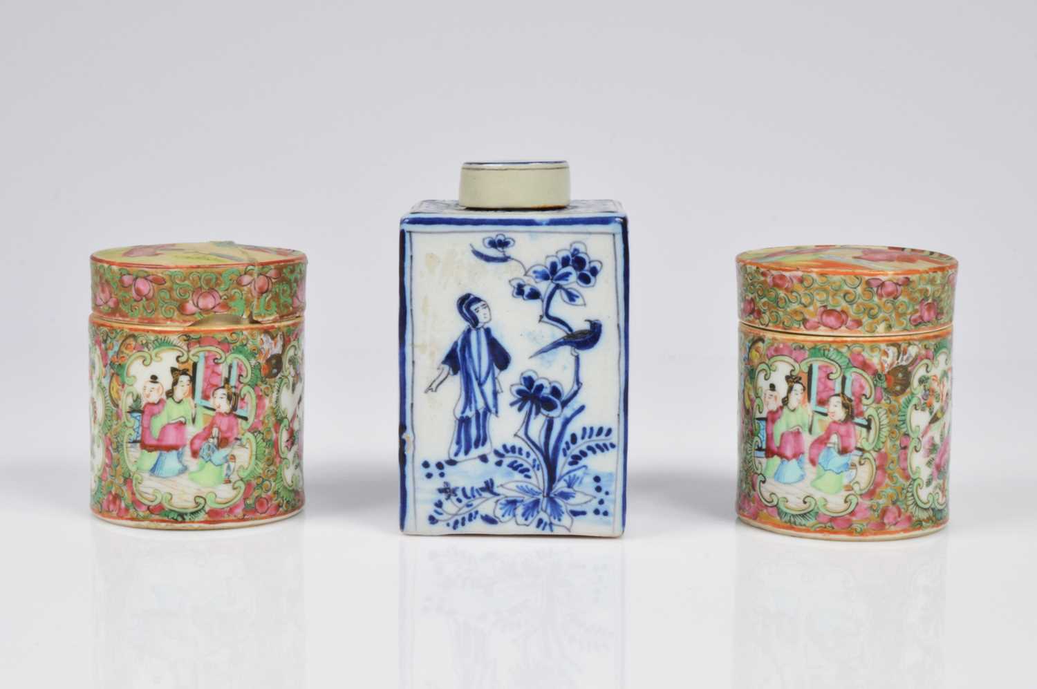 Lot 80 - A pair of Chinese Canton porcelain circular pots and covers and a European tea caddy