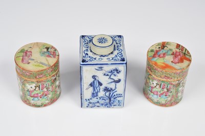 Lot 80 - A pair of Chinese Canton porcelain circular pots and covers and a European tea caddy