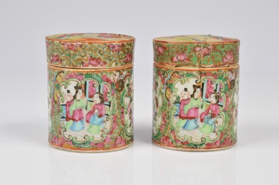 Lot 80 - A pair of Chinese Canton porcelain circular pots and covers and a European tea caddy