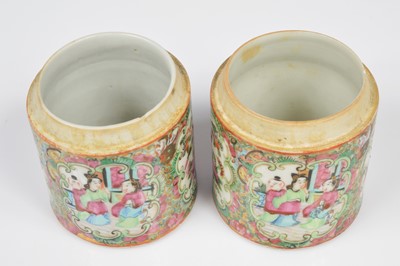 Lot 80 - A pair of Chinese Canton porcelain circular pots and covers and a European tea caddy