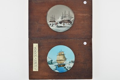 Lot 21 - Five 7x4½ Mahogany Mounted 3'' Diameter Hand Painted Magic Lantern Slides